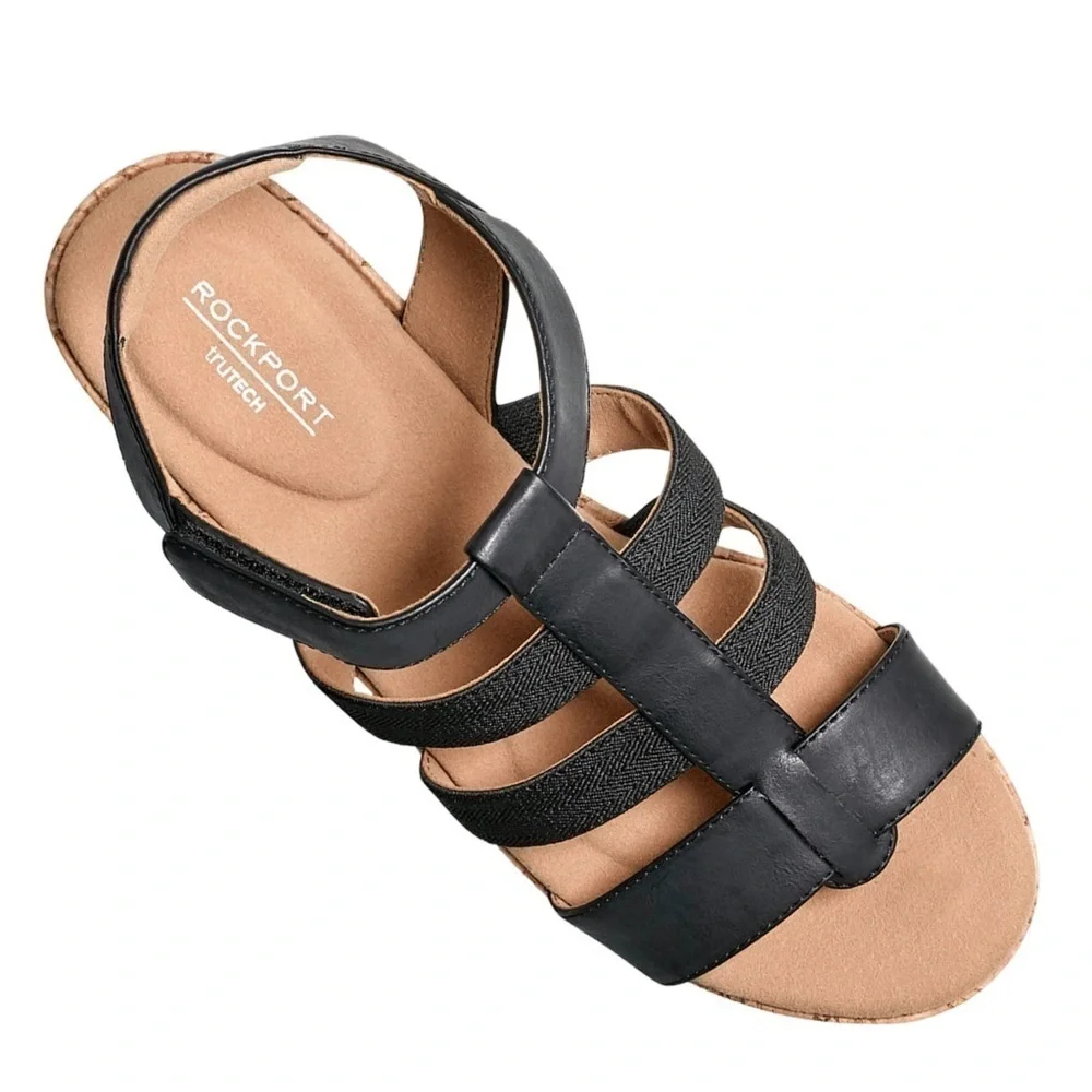 Rockport Blanca Wedge Sandal Elastic TBar Sandal in Black NEW in Box